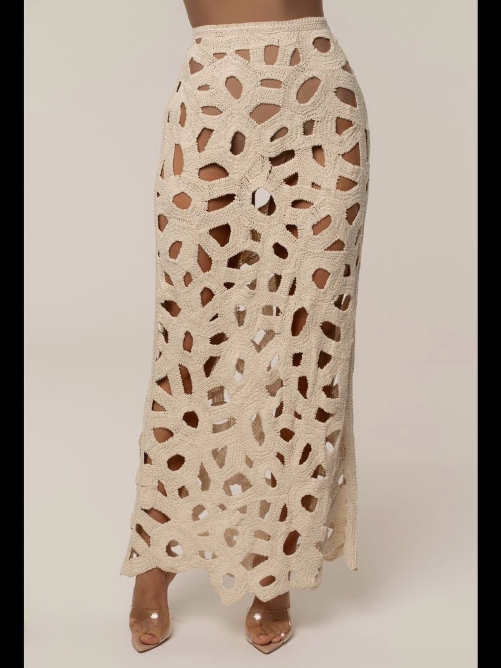 JLUXLABEL ECRU COASTAL BREEZE Crochet Maxi Skirt with Openwork Pattern - Picture 3 of 9